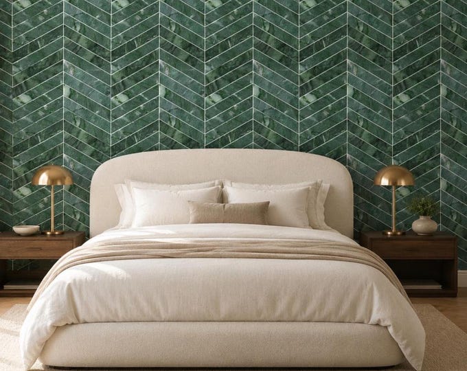 Emerald Green Chevron Wallpaper, Dark Green Herringbone Tile Effect, Luxury Geometric Wallpaper, Modern Bathroom Kitchen Feature Wall