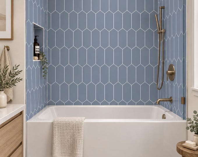 Elongated Hexagon Onyx Blue Shower Panel 48" x 96", Waterproof Bathroom Cladding, Modern Tile Alternative