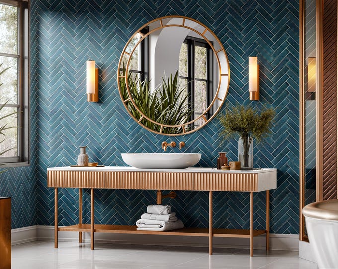 Blue Herringbone Shower Panel Waterproof, Grout-Free Tile Alternative, Tile Effect