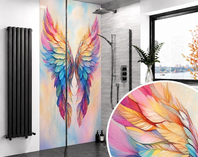 Rainbow Angel Wings Shower Panel – Colourful Feather Bathroom Wall Panel – Pastel Boho Waterproof Shower Splashback