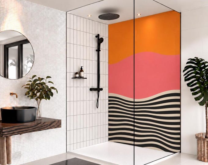 Retro Sunset Wave Shower Panel – Orange, Pink & Black Abstract Bathroom Wall Panel, Mid Century Modern Waterproof Shower Wall