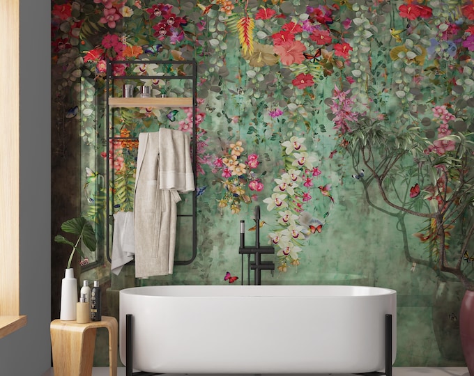 Floral Green Waterproof Shower Panel, Grout-Free Bathroom Wall Cladding