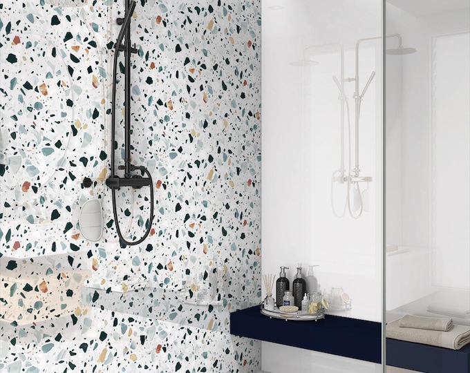 Terrazzo Marble Shower Panel – Waterproof Grout-Free Bathroom Wall Panels, Modern Tile Alternative