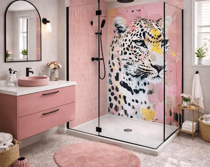 Pink Leopard Shower Panel, Waterproof Bathroom Cladding, Modern Tile Alternative