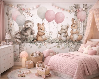 Blush Woodland Animal Balloon Wall Mural, Kids Nursery Decor