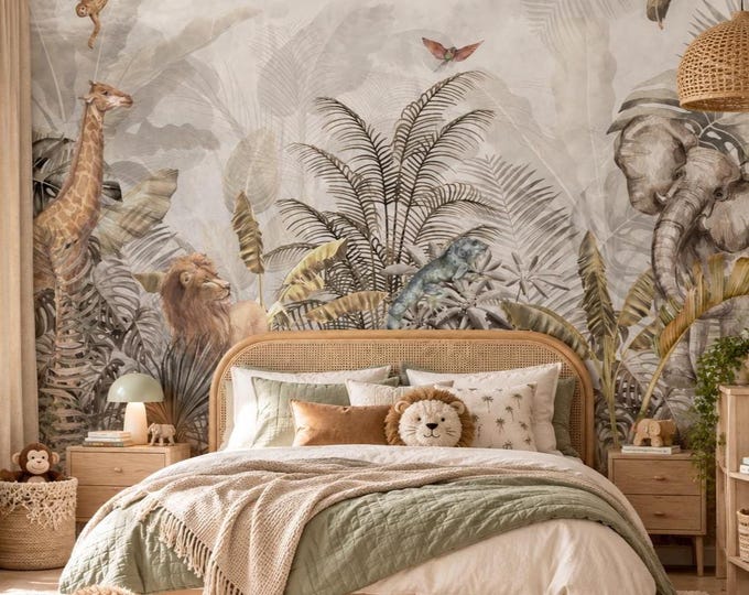 Neutral Safari Jungle Wallpaper Mural | Elephant Giraffe Lion Wall Mural | Luxury Animal Nursery Wallpaper