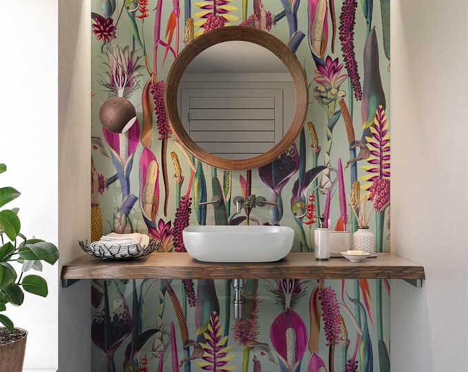 Exotic Flowers Wallpaper Mural, Boho Floral Wall Covering, Peel and Stick Botanical Wallpaper