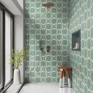 Shower Panel Waterproof, Grout-Free Tile Alternative, Tile Effect 03 Gold Turquoise