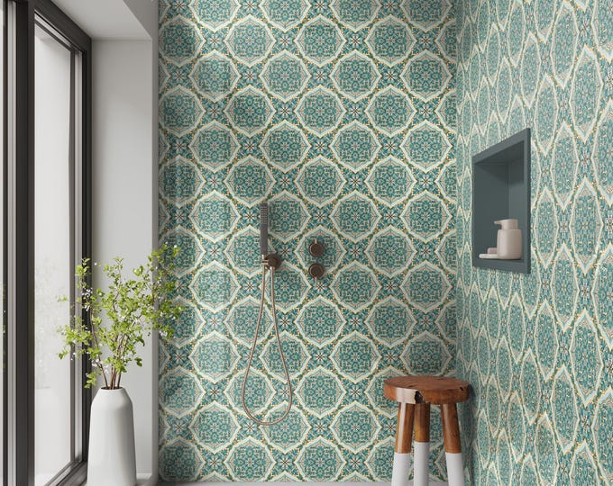 Shower Panel Waterproof, Grout-Free Tile Alternative, Tile Effect 03 Gold Turquoise