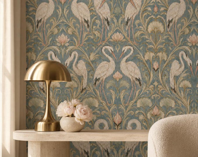 Blue Green Crane Wallpaper, Art Deco Bird Floral Pattern, Luxury Gold Wall Decor (Peel and Stick)