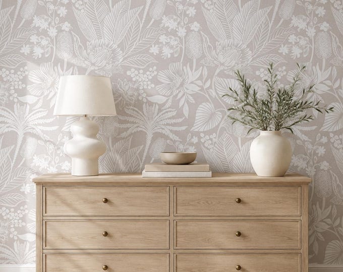 Tropical Muse Neutral Botanical Wallpaper, Beige Floral Jungle Pattern (Made to Measure)