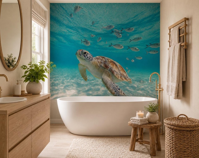 Turtle Blue Sea Shower Panel, Waterproof Bathroom Cladding, Modern Tile Alternative