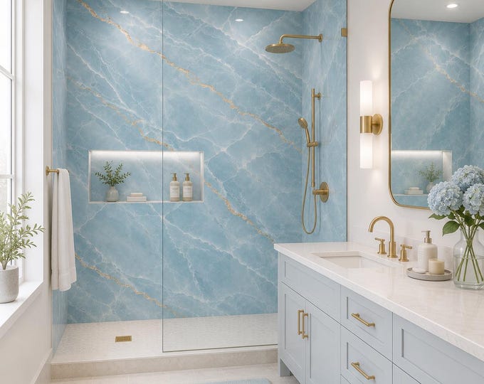 Azure Onyx Marble Tile Shower Panel 48" x 96", Waterproof Bathroom Cladding, Modern Tile Alternative