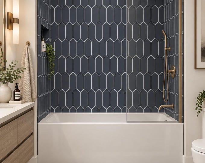Elongated Hexagon Oxford Blue Shower Panel 48" x 96", Waterproof Bathroom Cladding, Modern Tile Alternative