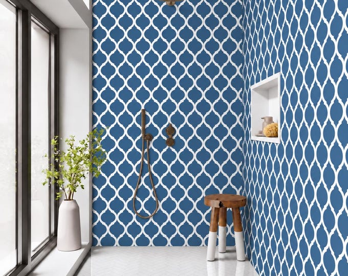 Navy Quatrefoil Shower Panel, Blue & White Geometric Waterproof Wall Panel, Moroccan Style Bathroom Cladding
