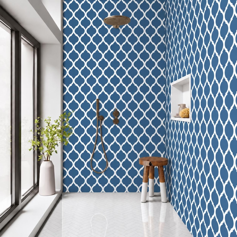 Wooden Cladding Rounded Navy Quatrefoil Shower Panel, Blue & White Geometric Waterproof Wall ...