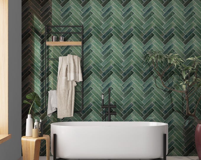 Green Herringbone Shower Panel, Waterproof Bathroom Cladding, Modern Tile Alternative