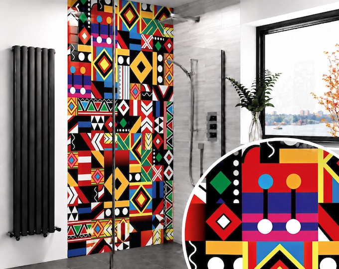 African Geometric Mosaic Shower Panel – Bold Tribal Pattern, Waterproof Bathroom Wall (Custom Cut)
