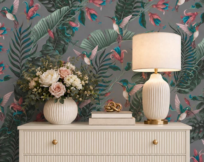 Tropical Hummingbird Wallpaper, Teal Botanical Floral Wall Mural, Pink Jungle Birds