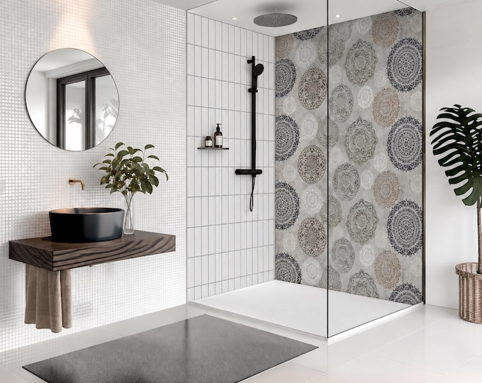 Boho Grey Mandala Shower Wall Panel, Waterproof Bathroom Cladding, No Grout Install