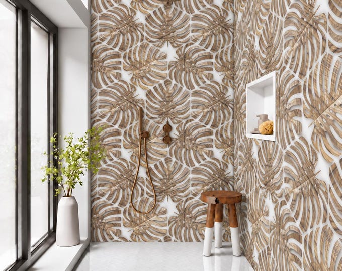 Waterproof Monstera Leaf Shower Panel – Neutral Tropical Bathroom Decor (Custom Size)
