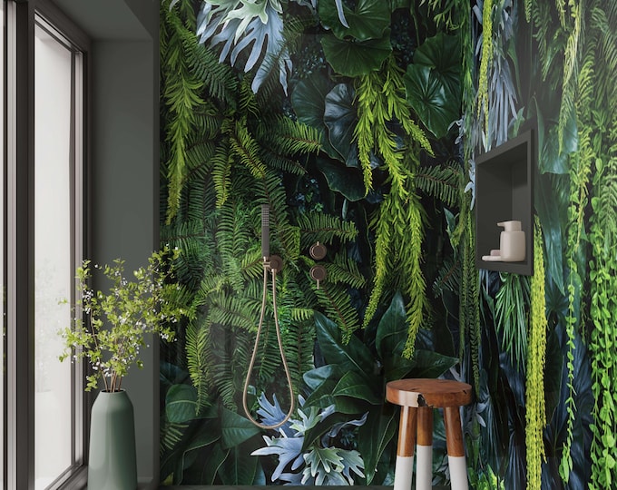 Botanical Green Blue Shower Wall Panel, Waterproof Grout-Free Tile Alternative