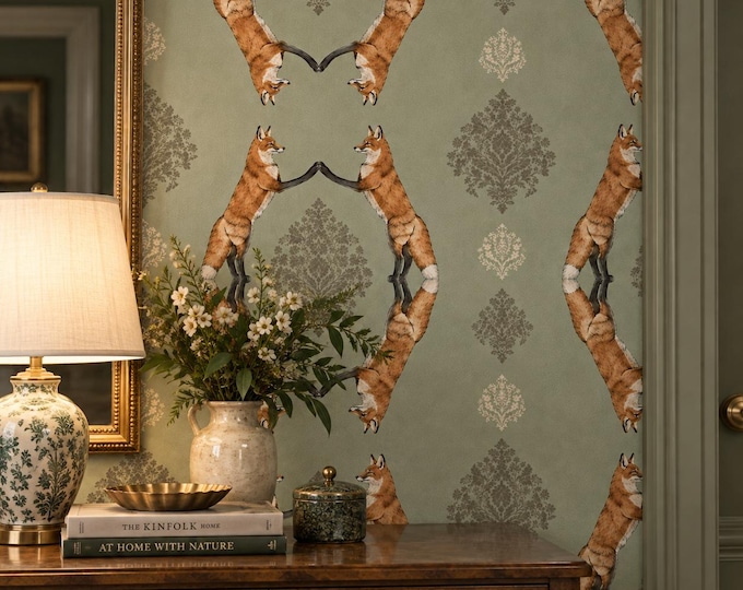 Fox Damask Wallpaper in Sage Green