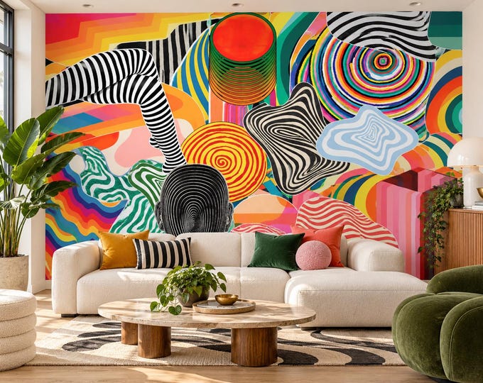 Colourful Optical Illusion Wallpaper Mural | Retro Psychedelic Abstract Wall Art | Geometric Statement Wallpaper