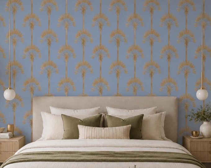 Art Deco Palm Tree Wallpaper – Vintage Botanical Seamless Pattern, Luxury Blue & Gold Wall Mural