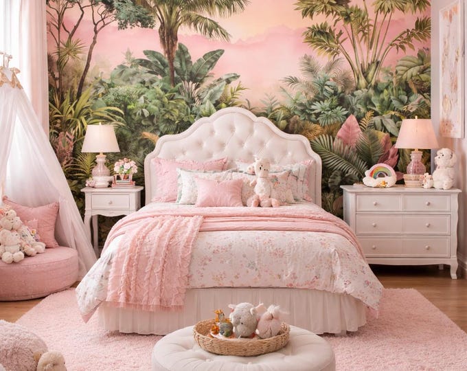 Pink Jungle Wall Mural – Custom Tropical Nursery Wallpaper