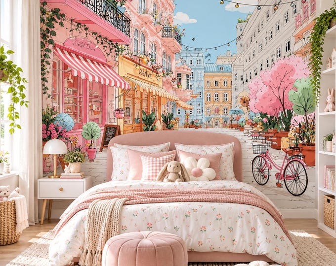 Pink Paris Street Wallpaper Mural | French Café Bicycle Wall Mural | Whimsical European City Wallpaper | Girls Bedroom Feature Wall