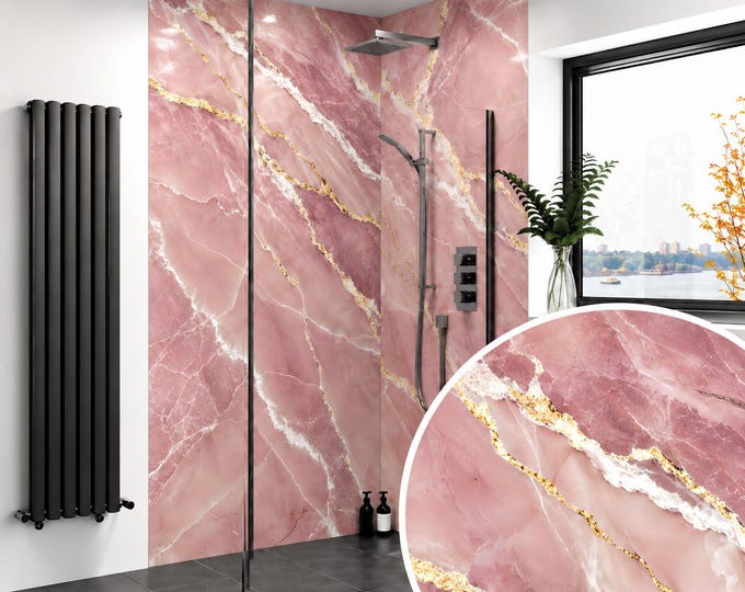 Blush Pink Gold Marble Shower Panel, Dusty Rose Bathroom Wall, Luxury Waterproof ACM Panel