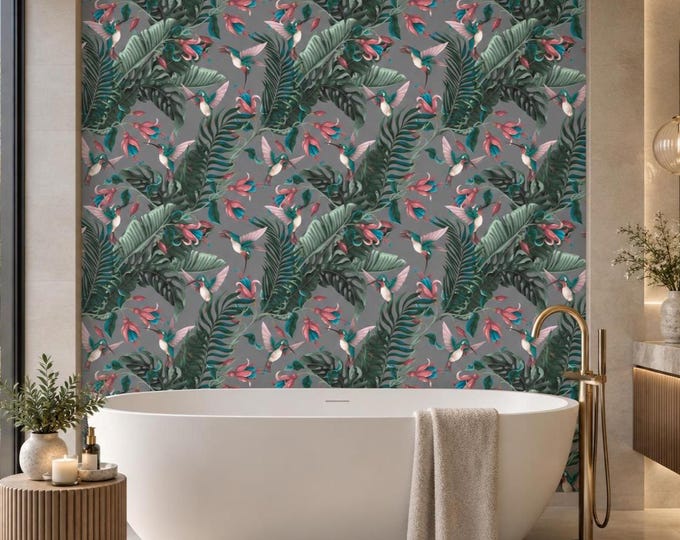 Hummingbird Jade Shower Panel, Tropical Botanical Bathroom Wall Decor (Waterproof)