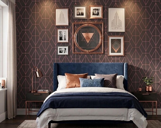 Art Deco 1920 style, geometric hexagon lines and the Navy/Copper colorway Wallpaper Decor