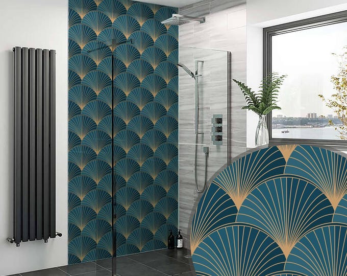 Art Deco Teal Shower Wall Panel, Custom Size Waterproof Bathroom Cladding, Grout-Free Tile Alternative