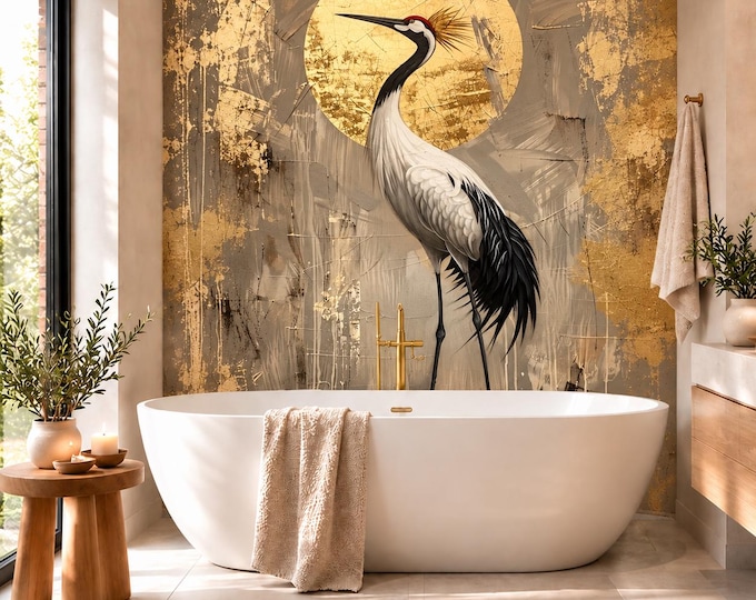 Japanese Crane Shower Panel – Abstract Gold & Beige Bird Wall Panel – Oriental Heron Bathroom Splashback