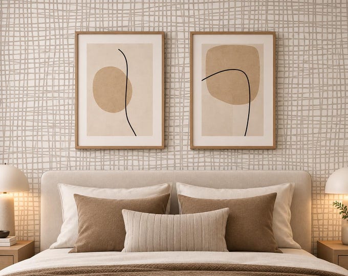 Wavy Grid Neutral Wallpaper, Hand-Drawn Geometric Pattern, Japandi Style (Made to Measure)