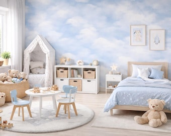 Blue Clouds Wall Mural – Whimsical Nursery Wallpaper, Mould-Resistant