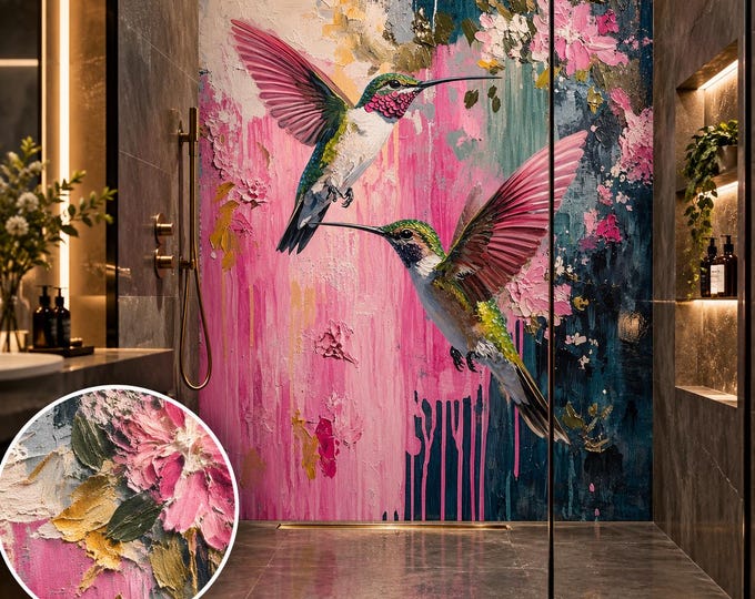 Blush & Bloom Hummingbird Shower Panel – Pink Floral Bird Bathroom Wall Panel – Colourful Abstract Waterproof Shower Splashback