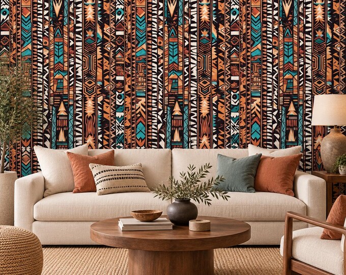 Tribal Geometric Strip Wallpaper Mural | Terracotta Teal Black Boho Wall Mural | Ethnic Pattern Wallpaper