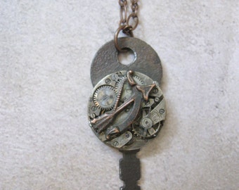 Steampunk Victorian Bow and Arrow Watch Movement Pendant with Vintage Key