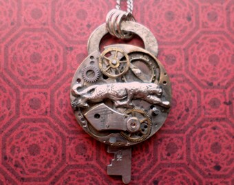 Steampunk Neo Victorian Jaguar Watch Movement and Gears Pendant