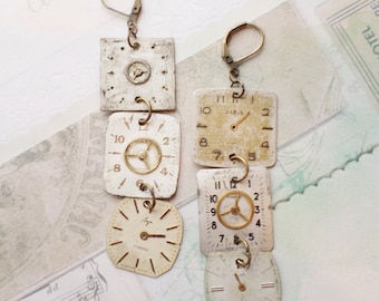 Steampunk Victorian Triple Antique Watch Face Earrings in Cream