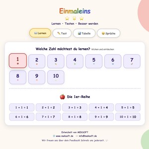 May include: A digital educational interface titled Einmaleins featuring a selection of numbers from 1 to 10. The screen displays a learning section with buttons for numbers, a multiplication table for the 1s, and navigation tabs for testing and statistics.