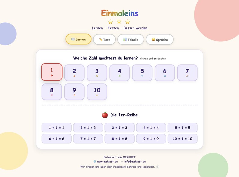 May include: A digital educational interface titled Einmaleins featuring a selection of numbers from 1 to 10. The screen displays a learning section with buttons for numbers, a multiplication table for the 1s, and navigation tabs for testing and statistics.