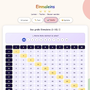 May include: A digital multiplication table interface titled Einmaleins with navigation buttons for Lernen, Testen, Tabelle, and Spr&uuml;che. The grid displays numbers 1 through 10 in rows and columns with a diagonal line of yellow highlighted squares.