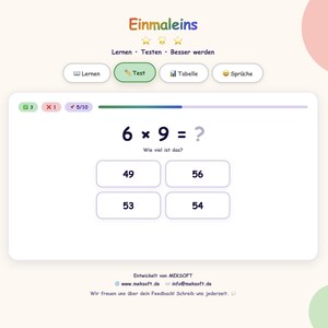 May include: A digital educational interface titled Einmaleins featuring a math test with the equation 6 x 9 = ? and four multiple-choice options: 49, 56, 53, and 54. The screen includes navigation buttons for Lernen, Test, Tabelle, and Spr&uuml;che.