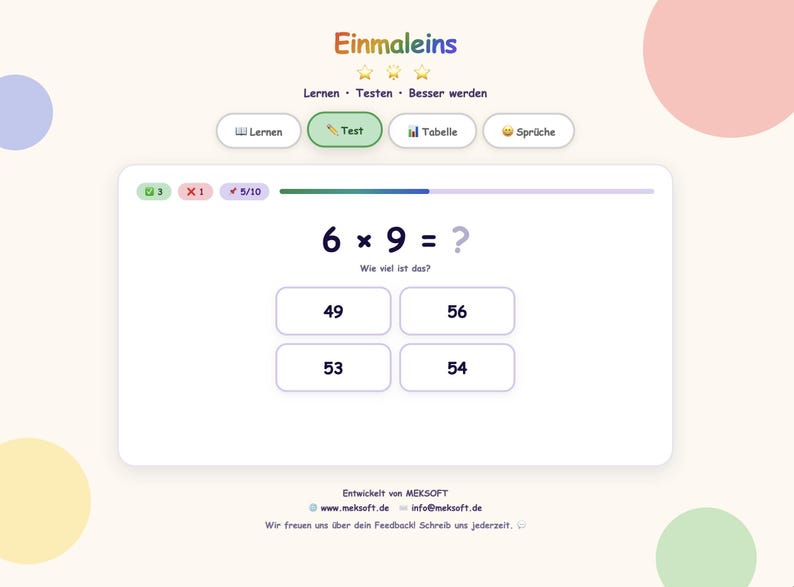 May include: A digital educational interface titled Einmaleins featuring a math test with the equation 6 x 9 = ? and four multiple-choice options: 49, 56, 53, and 54. The screen includes navigation buttons for Lernen, Test, Tabelle, and Spr&uuml;che.
