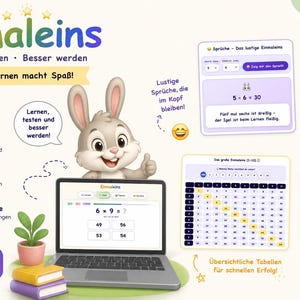 May include: An educational digital platform for learning multiplication tables featuring a cartoon rabbit, a laptop displaying a math quiz, and various interface screens showing number grids, progress tracking, and multiple-choice math problems.