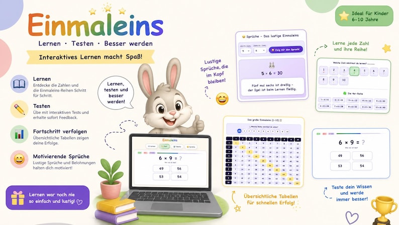 May include: An educational digital platform for learning multiplication tables featuring a cartoon rabbit, a laptop displaying a math quiz, and various interface screens showing number grids, progress tracking, and multiple-choice math problems.